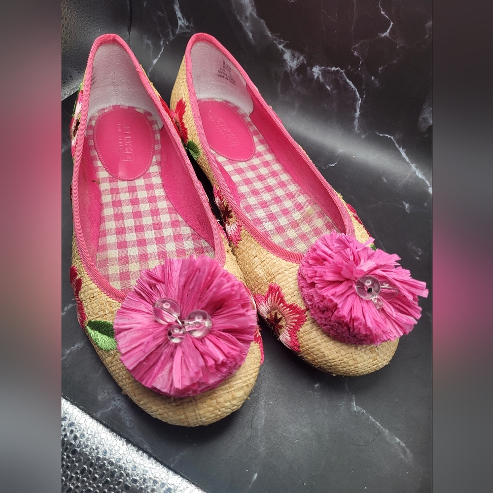 EUC SPERRY beige raffia PINK FLOWER flats